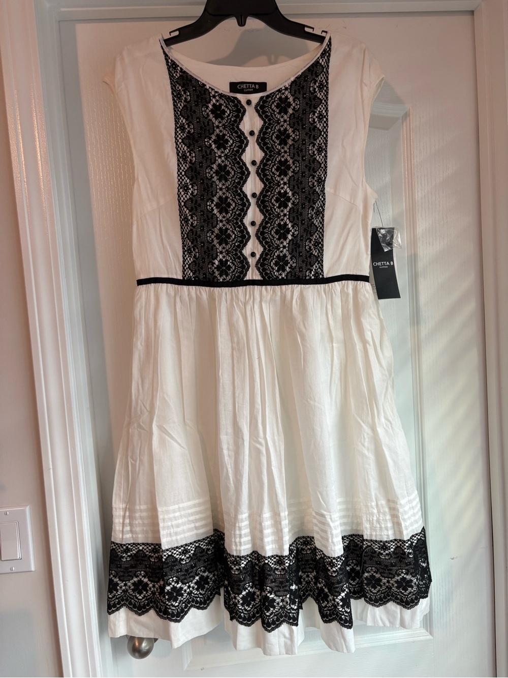 Chetta B White Dress with Black Lace Accents